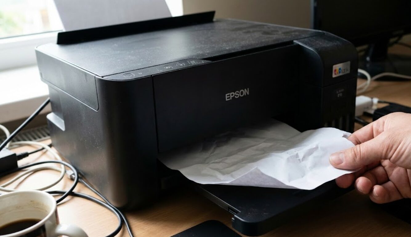 Ilustrasi menarik kertas macet dari printer Epson dengan benar