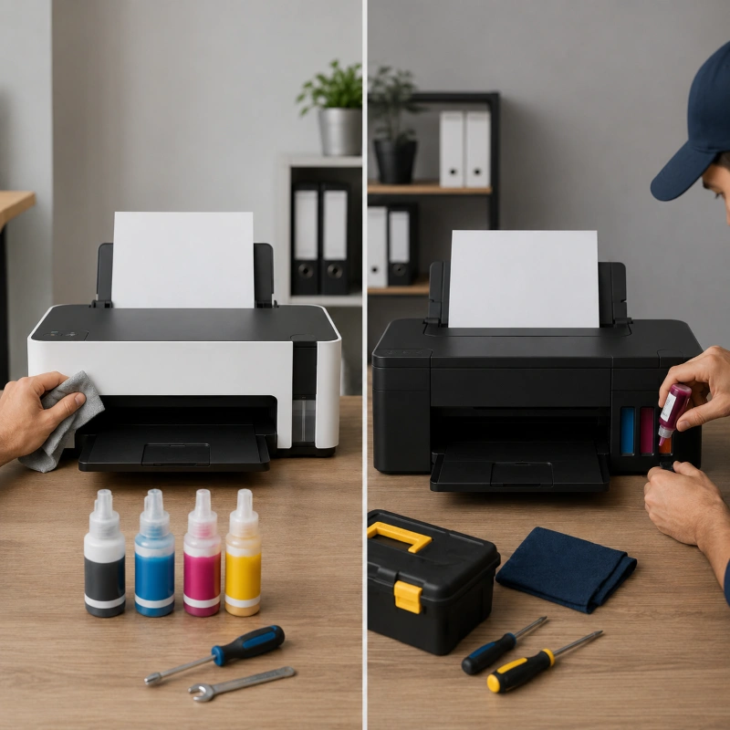 Epson M1120 vs Canon GM2070, Pentingnya Ketersediaan Tinta dan Servis